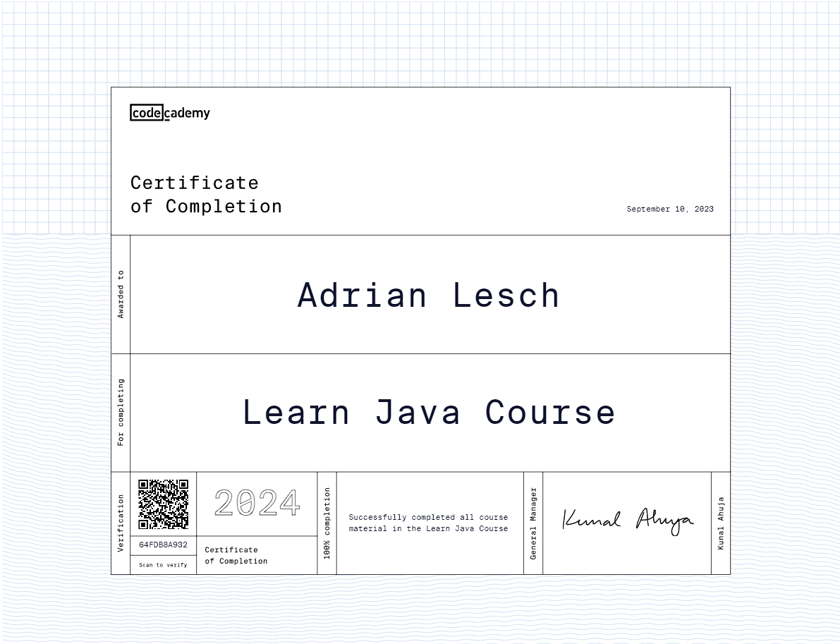 You can click me! A certificate of completion for a Java Course passed by Adrian Lesch